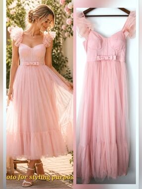 Blush PINK Tulle Midi DRESS Ruffle Bow Waist MABLE Graduation Wonen's Size M